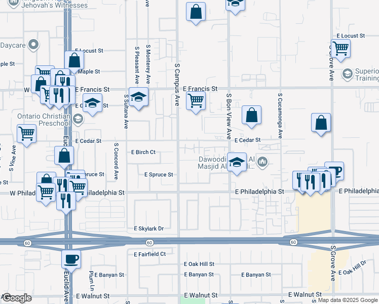 map of restaurants, bars, coffee shops, grocery stores, and more near 731 East Boxwood Court in Ontario