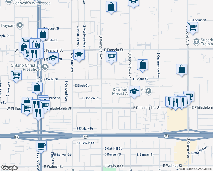 map of restaurants, bars, coffee shops, grocery stores, and more near 731 East Boxwood Court in Ontario