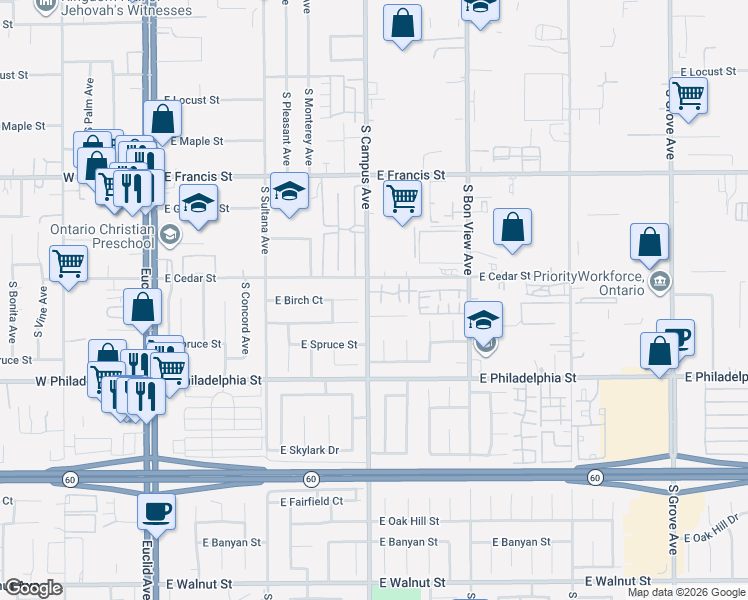 map of restaurants, bars, coffee shops, grocery stores, and more near 654 East Birch Court in Ontario