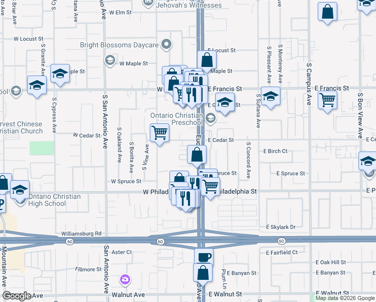 map of restaurants, bars, coffee shops, grocery stores, and more near 2050 South Euclid Avenue in Ontario