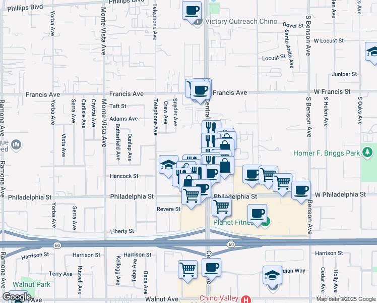 map of restaurants, bars, coffee shops, grocery stores, and more near 5199 Chesapeake Court in Chino