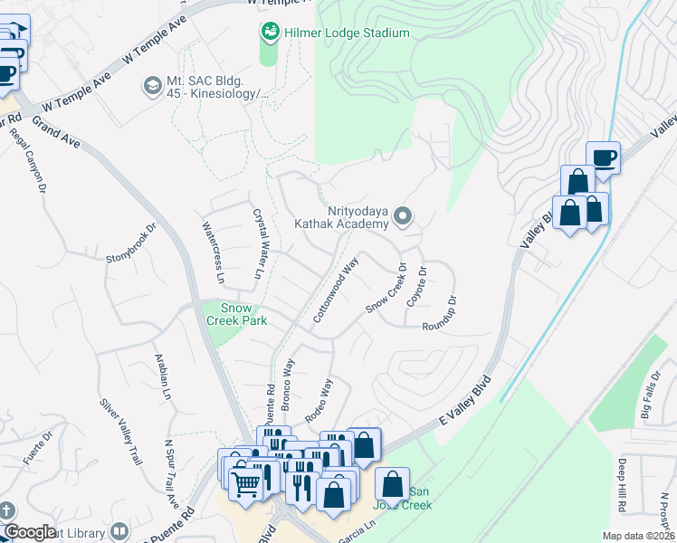 map of restaurants, bars, coffee shops, grocery stores, and more near 2180 Arbor Court in Walnut