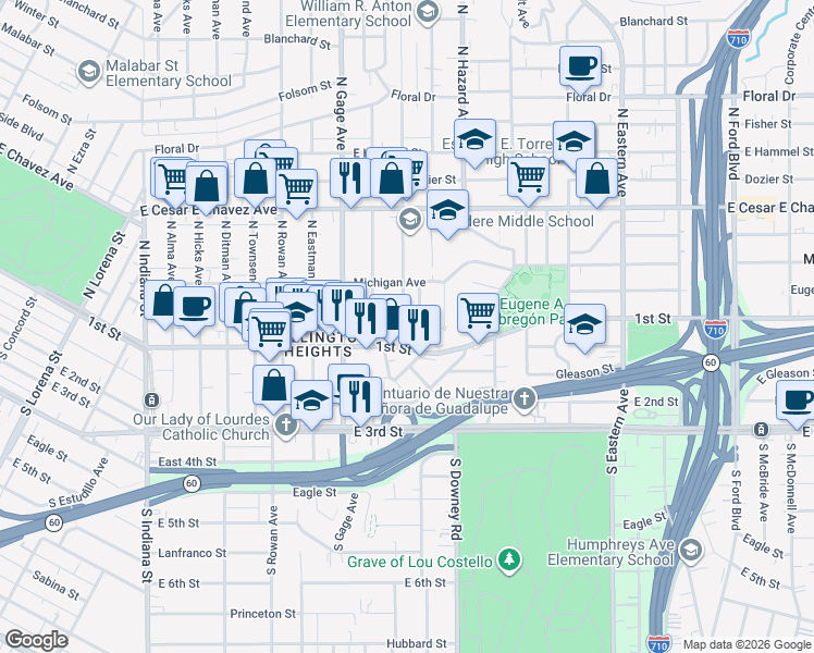 map of restaurants, bars, coffee shops, grocery stores, and more near 3869 East 1st Street in Los Angeles