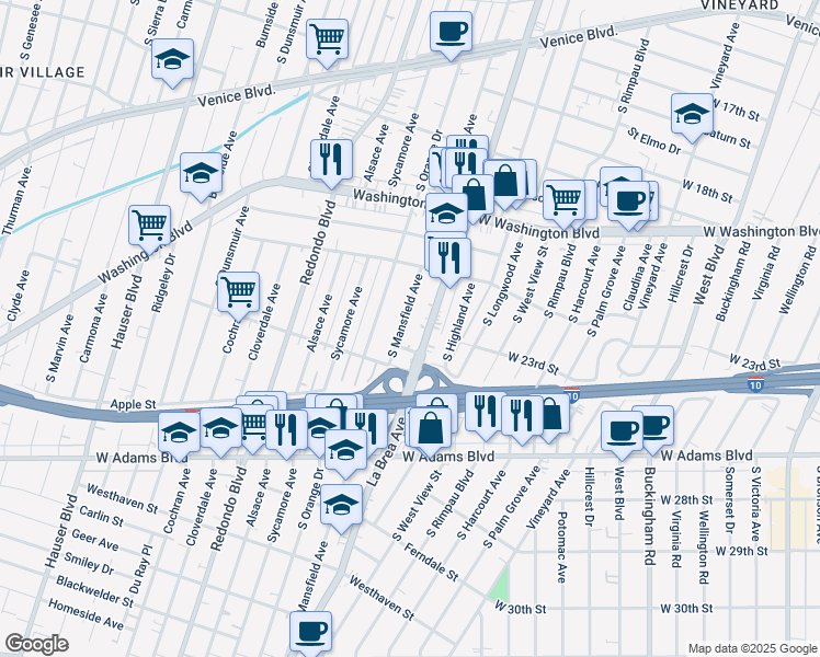 map of restaurants, bars, coffee shops, grocery stores, and more near 2290 South Mansfield Avenue in Los Angeles