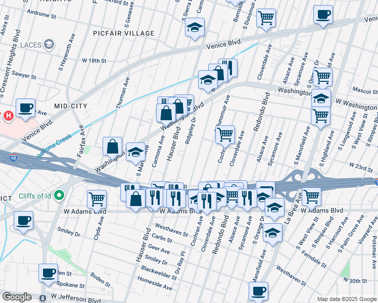 map of restaurants, bars, coffee shops, grocery stores, and more near 2241 South Burnside Avenue in Los Angeles
