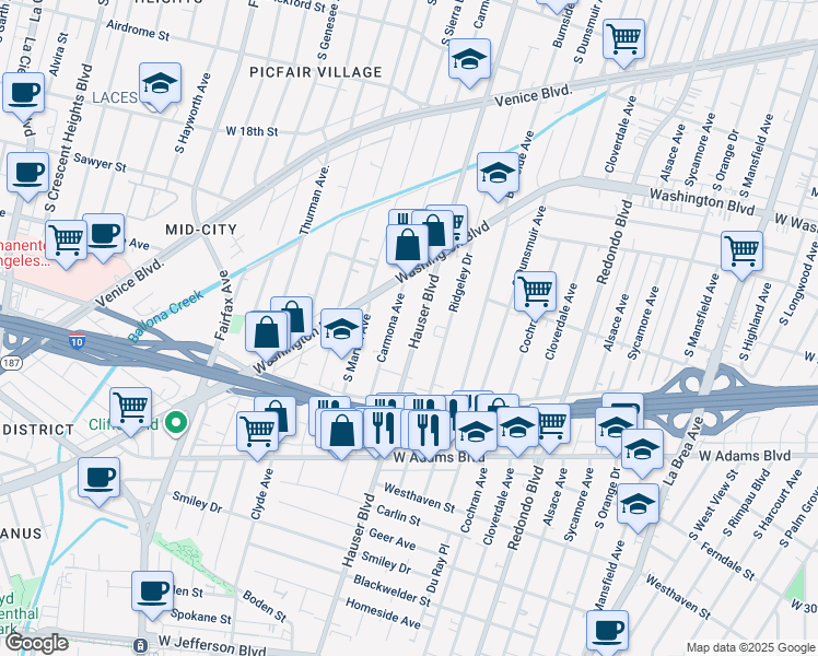map of restaurants, bars, coffee shops, grocery stores, and more near 2226 Carmona Avenue in Los Angeles