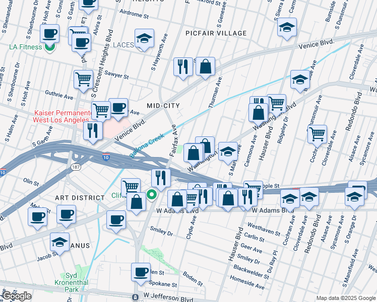 map of restaurants, bars, coffee shops, grocery stores, and more near 5740 South Glennie Lane in Los Angeles