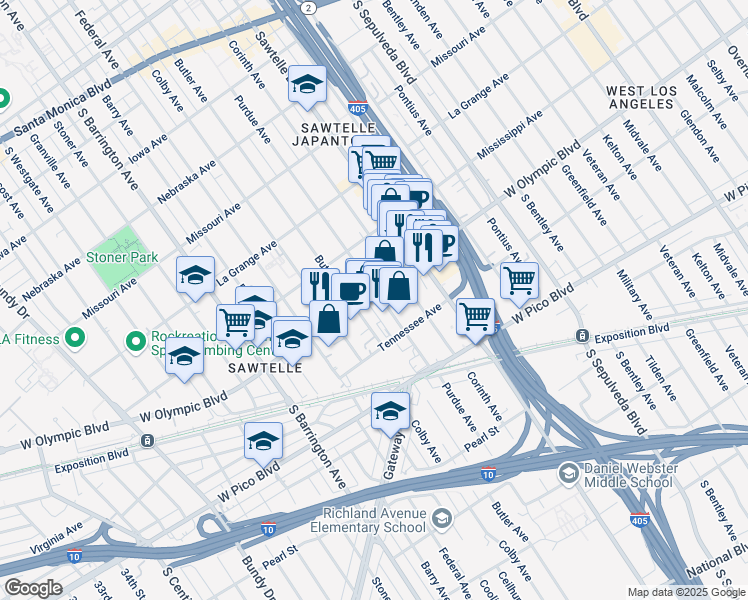 map of restaurants, bars, coffee shops, grocery stores, and more near 11400 West Olympic Boulevard in Los Angeles