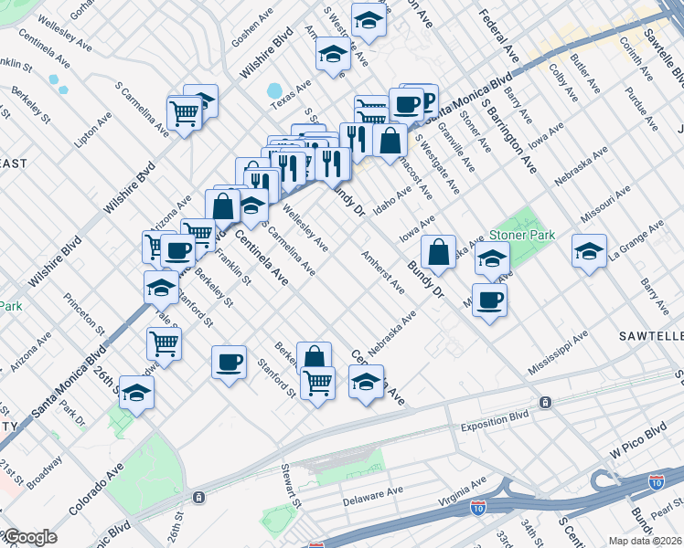 map of restaurants, bars, coffee shops, grocery stores, and more near 1629 Wellesley Avenue in Los Angeles