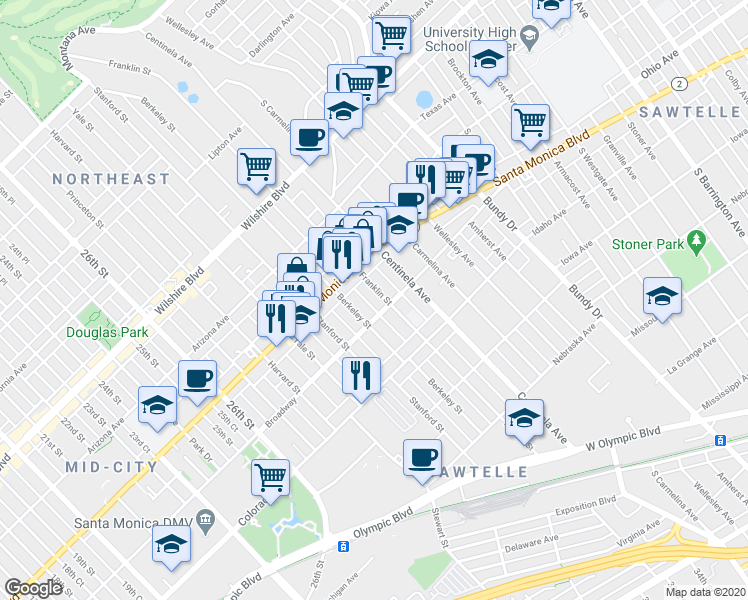 map of restaurants, bars, coffee shops, grocery stores, and more near 1433 Berkeley Street in Santa Monica