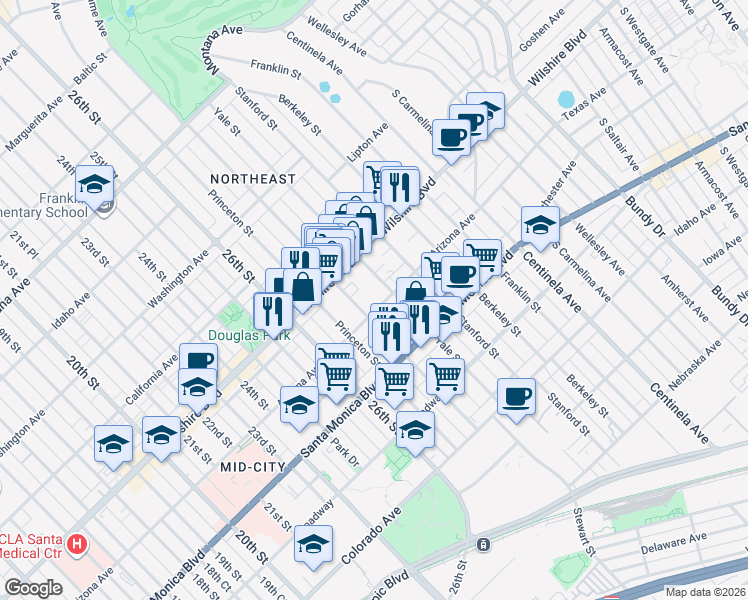 map of restaurants, bars, coffee shops, grocery stores, and more near 2803 Arizona Avenue in Santa Monica
