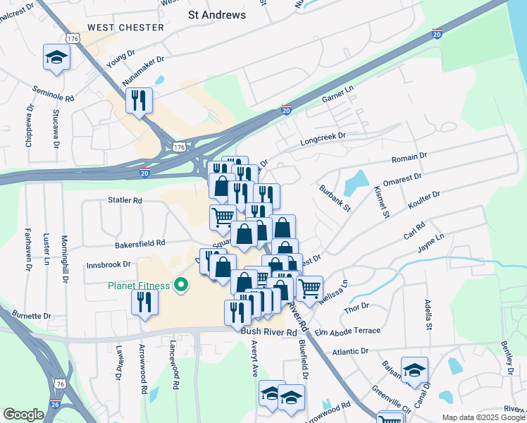 map of restaurants, bars, coffee shops, grocery stores, and more near 1824 Broad River Road in Columbia