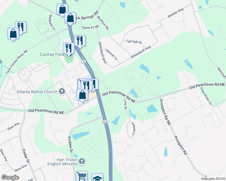 map of restaurants, bars, coffee shops, grocery stores, and more near 2365 Georgia 20 in Lawrenceville