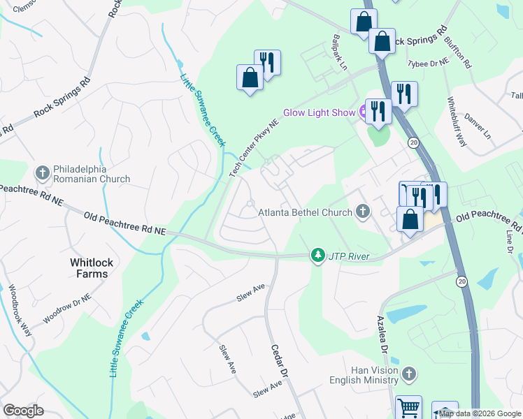 map of restaurants, bars, coffee shops, grocery stores, and more near 2693 Cedar Drive in Lawrenceville