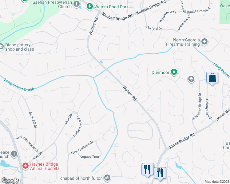 map of restaurants, bars, coffee shops, grocery stores, and more near 3565 Waters Cove Way in Alpharetta