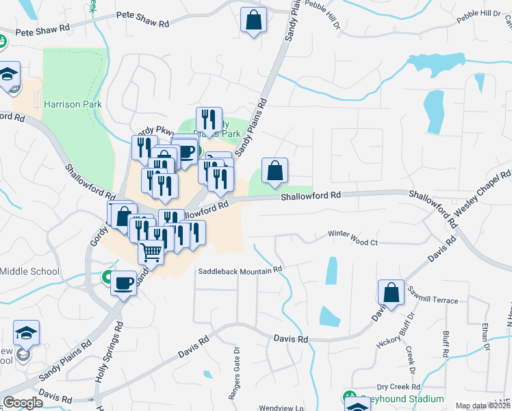 map of restaurants, bars, coffee shops, grocery stores, and more near 3301 Keenland Road in Marietta