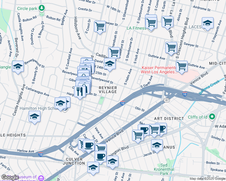 map of restaurants, bars, coffee shops, grocery stores, and more near 2627 South Bedford Street in Los Angeles