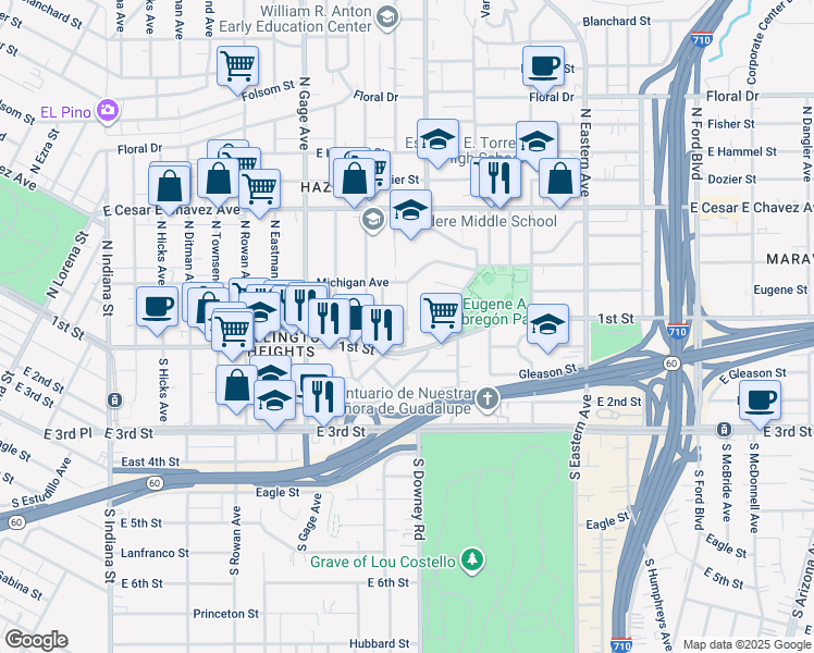 map of restaurants, bars, coffee shops, grocery stores, and more near 114 North Bonnie Beach Place in Los Angeles