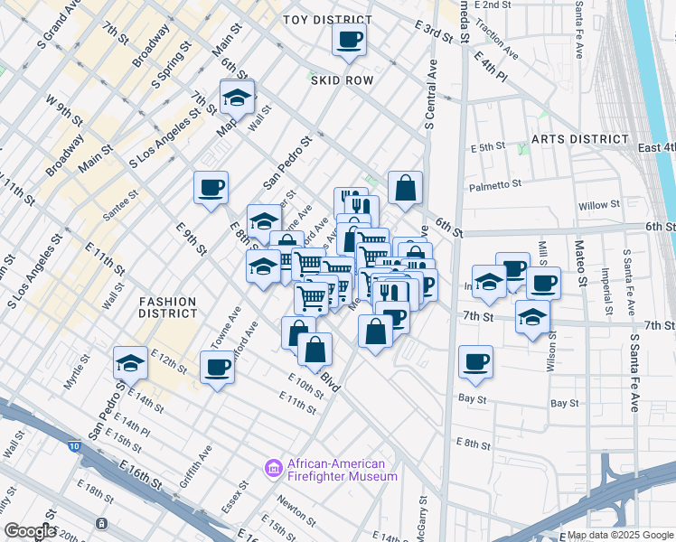 map of restaurants, bars, coffee shops, grocery stores, and more near 739 Kohler Street in Los Angeles
