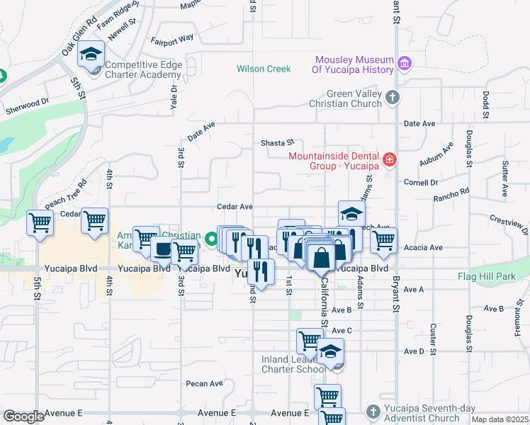 map of restaurants, bars, coffee shops, grocery stores, and more near 34939 Cedar Avenue in Yucaipa