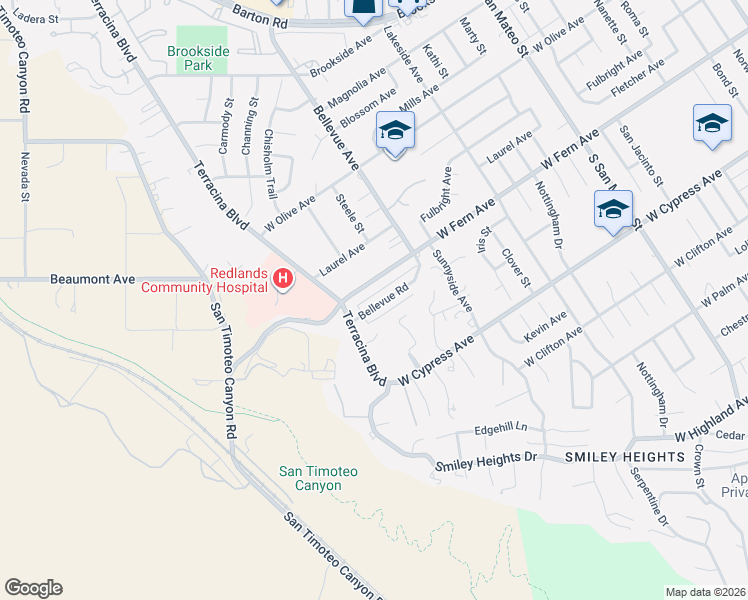 map of restaurants, bars, coffee shops, grocery stores, and more near 1616 Bellevue Road in Redlands