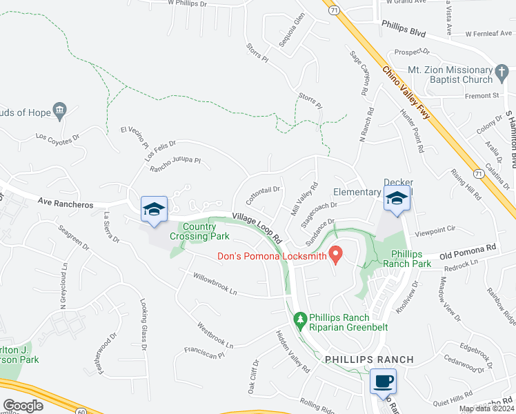 map of restaurants, bars, coffee shops, grocery stores, and more near 1 Bonanza Court in Pomona