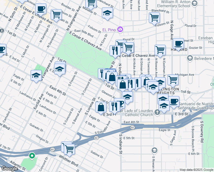 map of restaurants, bars, coffee shops, grocery stores, and more near 3416 1st Street in Los Angeles