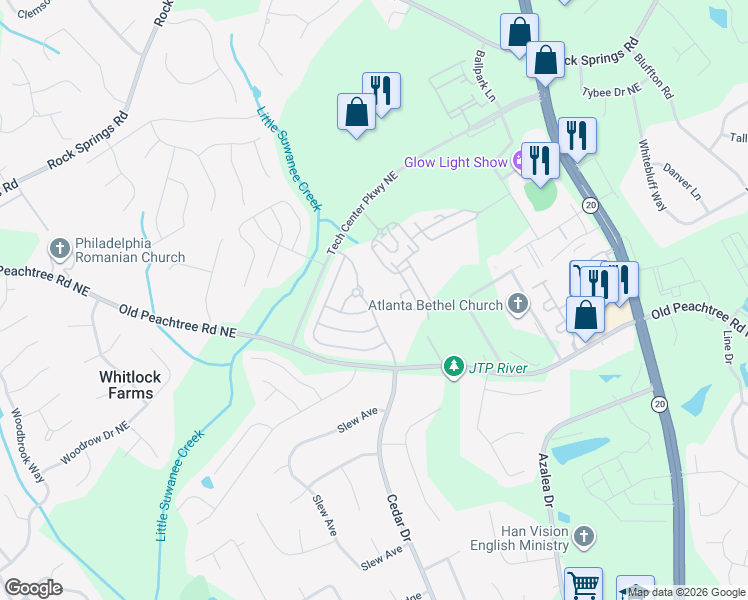 map of restaurants, bars, coffee shops, grocery stores, and more near 2693 Cedar Drive in Lawrenceville