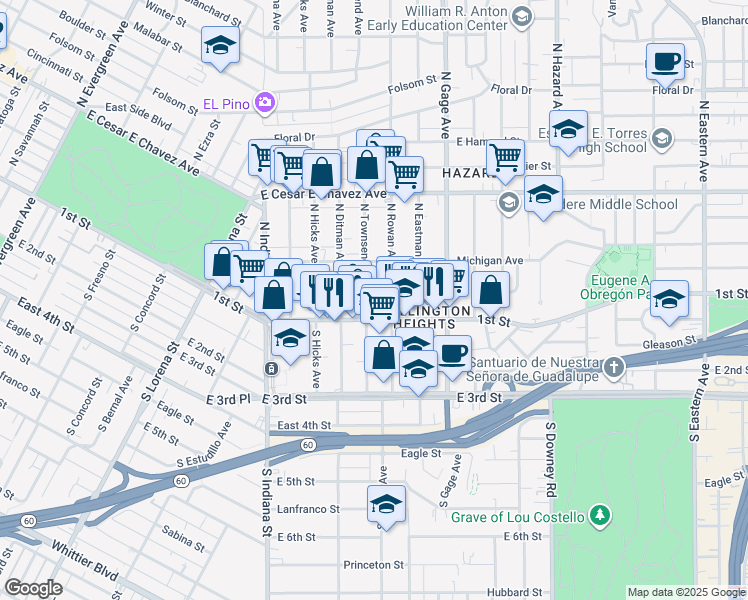 map of restaurants, bars, coffee shops, grocery stores, and more near 118 3/4 North Townsend Avenue in Los Angeles