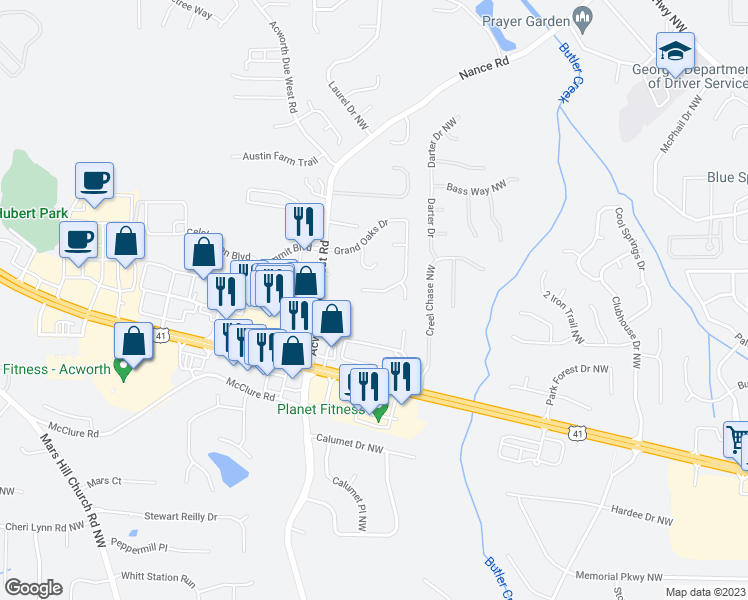 map of restaurants, bars, coffee shops, grocery stores, and more near 4307 Grand Oaks Drive Northwest in Kennesaw
