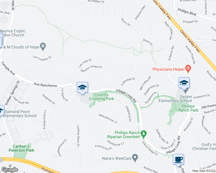 map of restaurants, bars, coffee shops, grocery stores, and more near 12 Calle Del Rey in Pomona