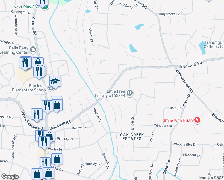 map of restaurants, bars, coffee shops, grocery stores, and more near 1083 Blackwell Road in Marietta