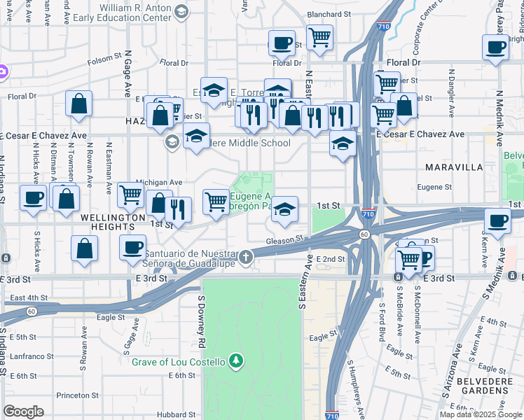 map of restaurants, bars, coffee shops, grocery stores, and more near 4126 1st Street in Los Angeles
