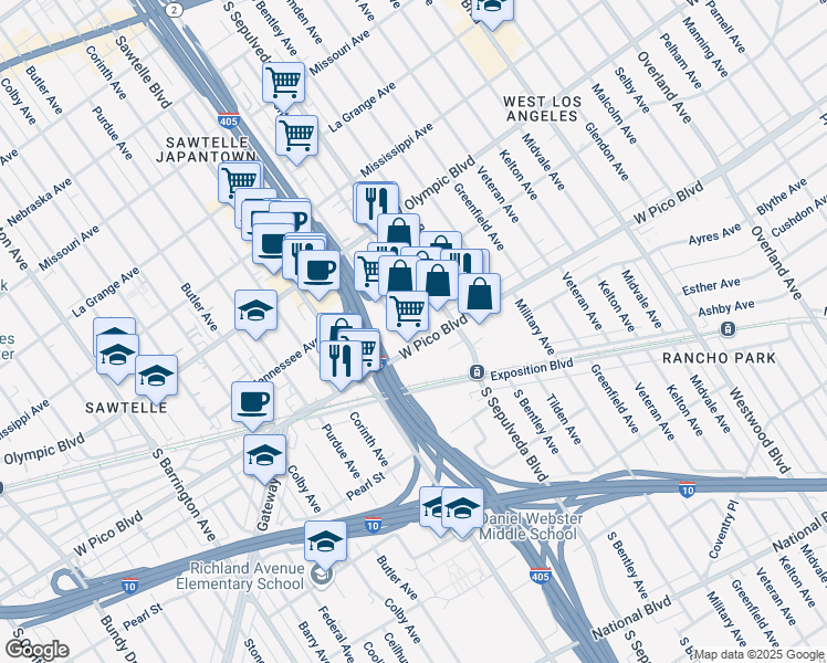 map of restaurants, bars, coffee shops, grocery stores, and more near 2354 Cotner Avenue in Los Angeles