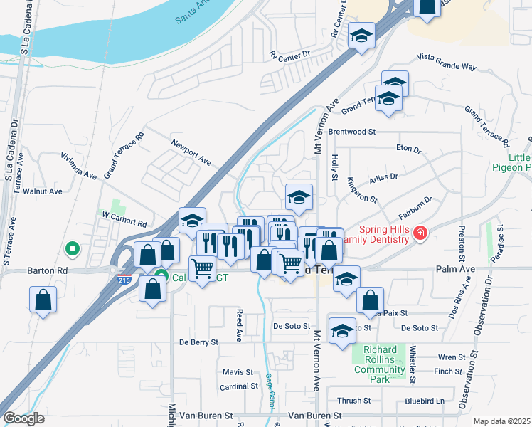 map of restaurants, bars, coffee shops, grocery stores, and more near 22456 Canal Circle in Grand Terrace