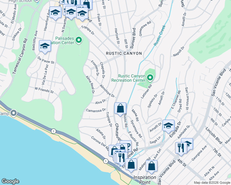 map of restaurants, bars, coffee shops, grocery stores, and more near 500 Toyopa Drive in Los Angeles