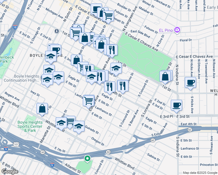 map of restaurants, bars, coffee shops, grocery stores, and more near 3023 East 4th Street in Los Angeles