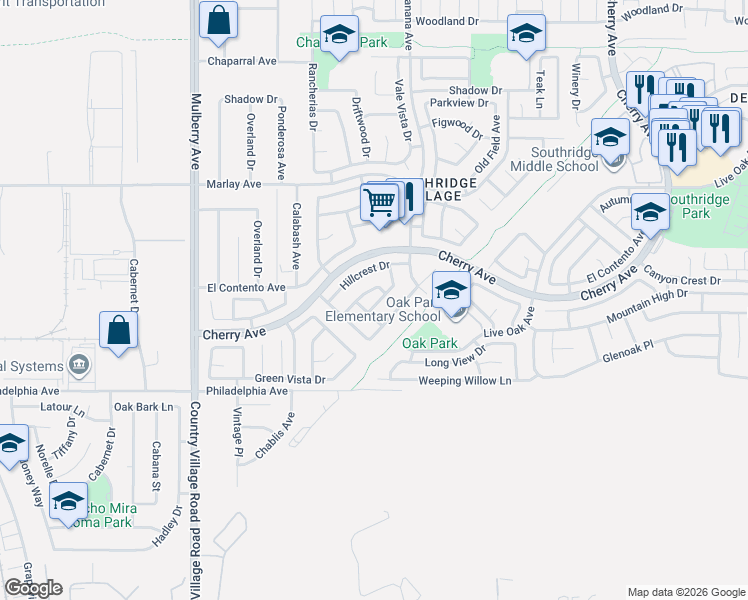 map of restaurants, bars, coffee shops, grocery stores, and more near 11951 Oakwood Drive in Fontana