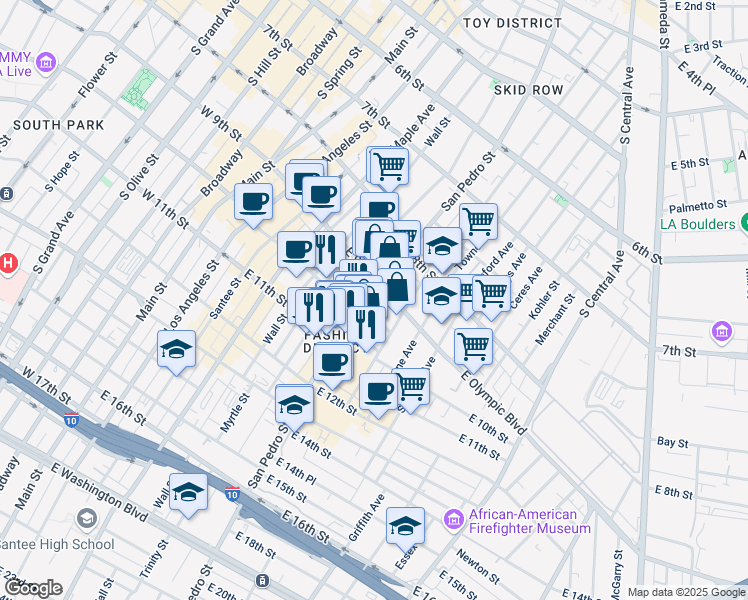map of restaurants, bars, coffee shops, grocery stores, and more near 710 East 9th Place in Los Angeles