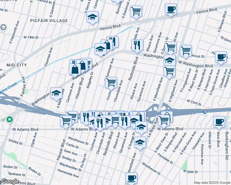 map of restaurants, bars, coffee shops, grocery stores, and more near 2312 1/2 Cochran Avenue in Los Angeles