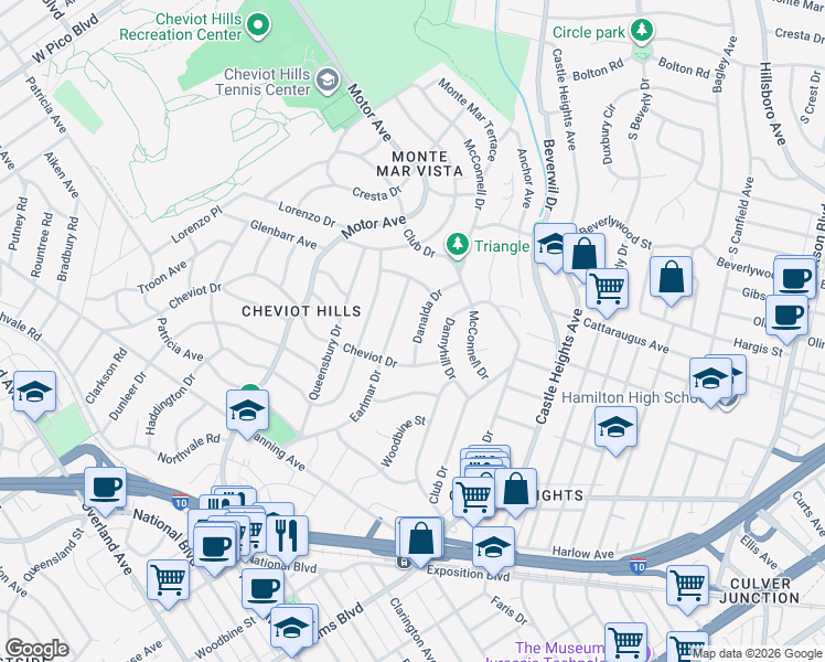 map of restaurants, bars, coffee shops, grocery stores, and more near 3051 Danalda Drive in Los Angeles