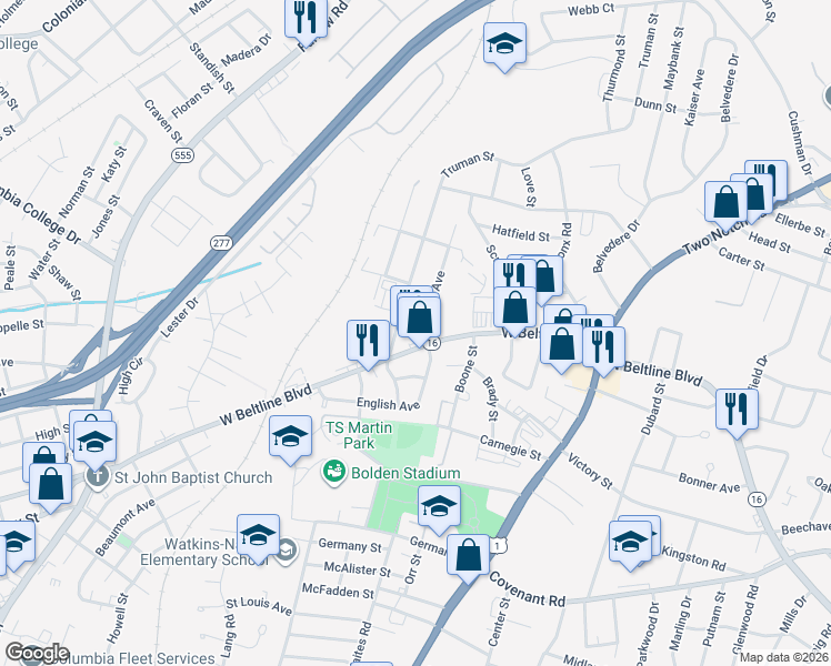 map of restaurants, bars, coffee shops, grocery stores, and more near in Richland County