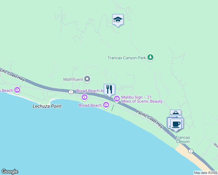 map of restaurants, bars, coffee shops, grocery stores, and more near 31236 Bailard Road in Malibu