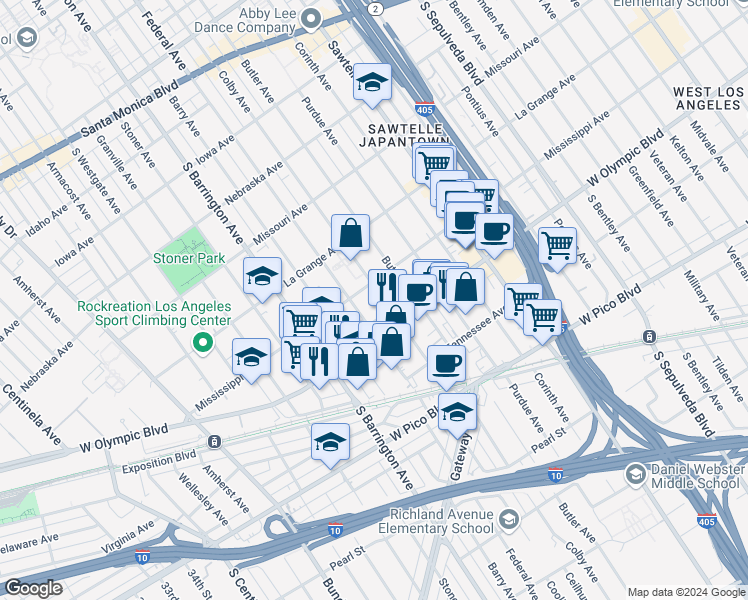 map of restaurants, bars, coffee shops, grocery stores, and more near 2117 Colby Avenue in Los Angeles