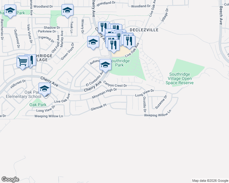map of restaurants, bars, coffee shops, grocery stores, and more near 14629 Mountain High Drive in Fontana