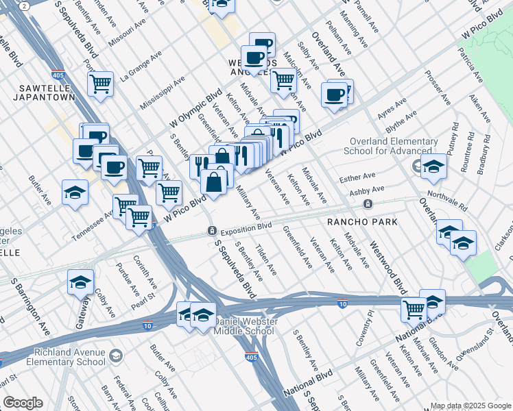 map of restaurants, bars, coffee shops, grocery stores, and more near 2526 Military Avenue in Los Angeles