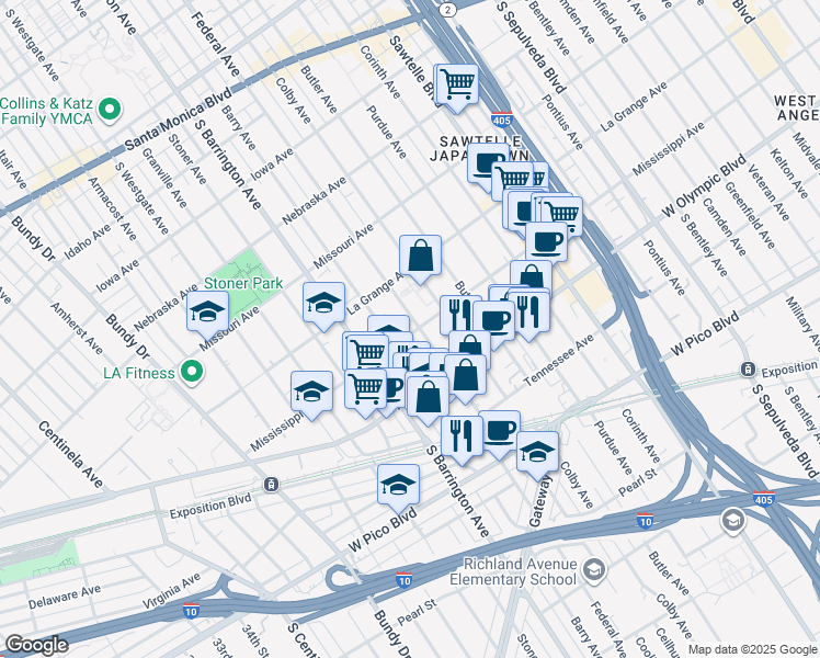 map of restaurants, bars, coffee shops, grocery stores, and more near 11603 Mississippi Avenue in Los Angeles