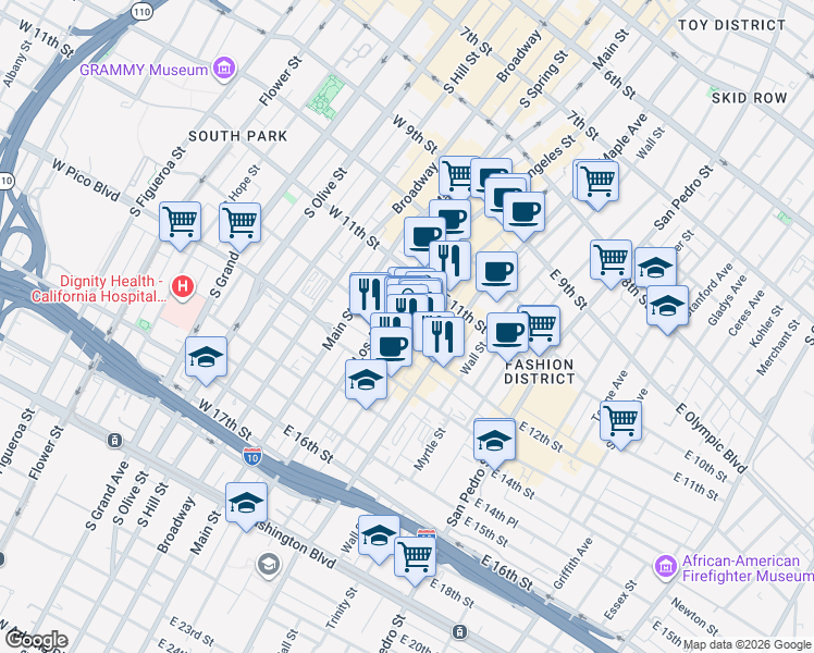 map of restaurants, bars, coffee shops, grocery stores, and more near 1150 Santee Street in Los Angeles