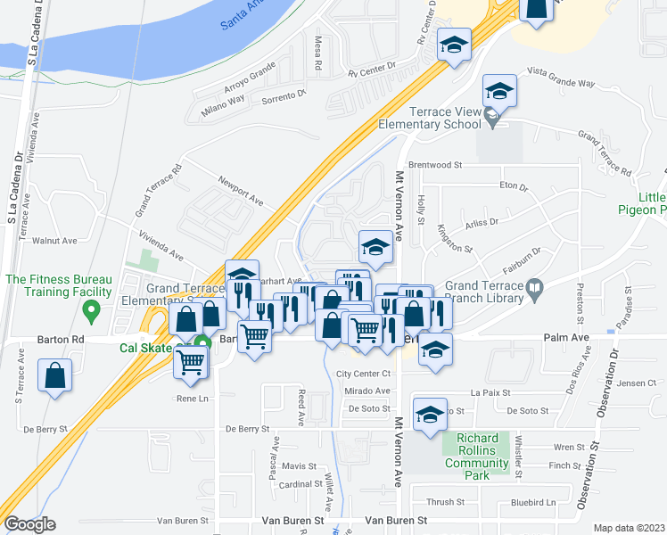 map of restaurants, bars, coffee shops, grocery stores, and more near 22456 Canal Circle in Grand Terrace