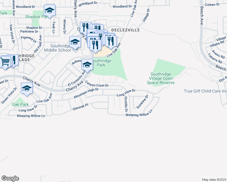 map of restaurants, bars, coffee shops, grocery stores, and more near 14733 Mountain High Drive in Fontana